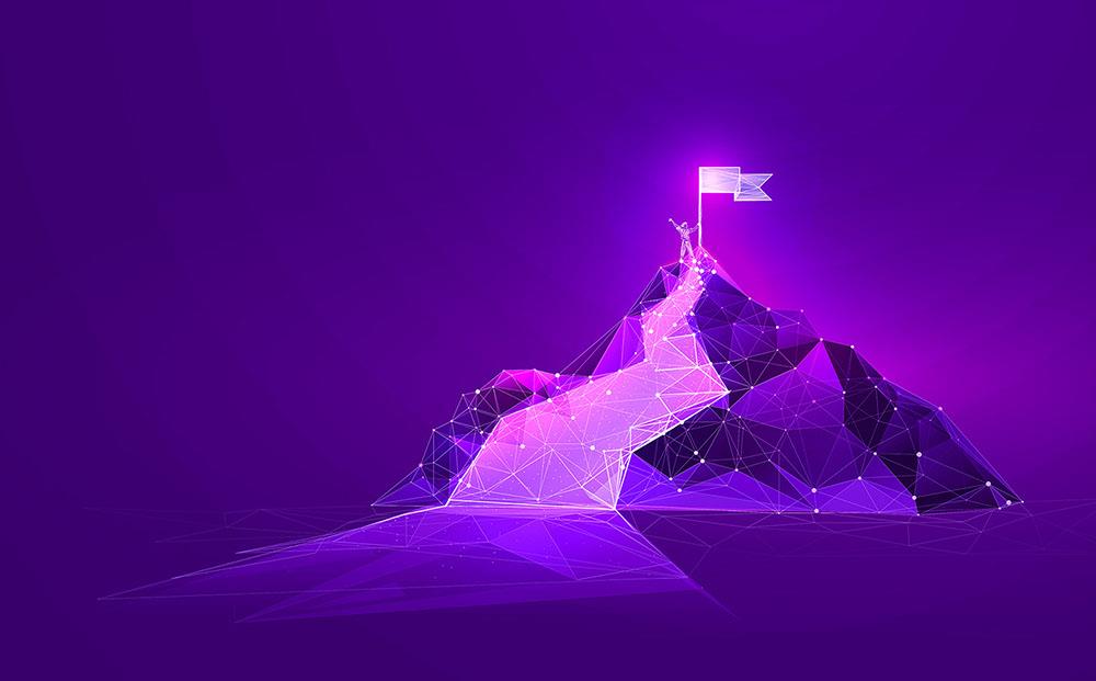 dark purple background with a digital appearing geometric mountain shape in light purple with a flag on top showing someone has reached the summit